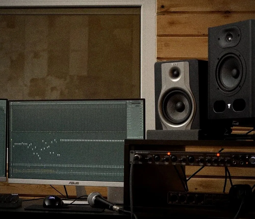 A studio monitor speaker and an audio interface