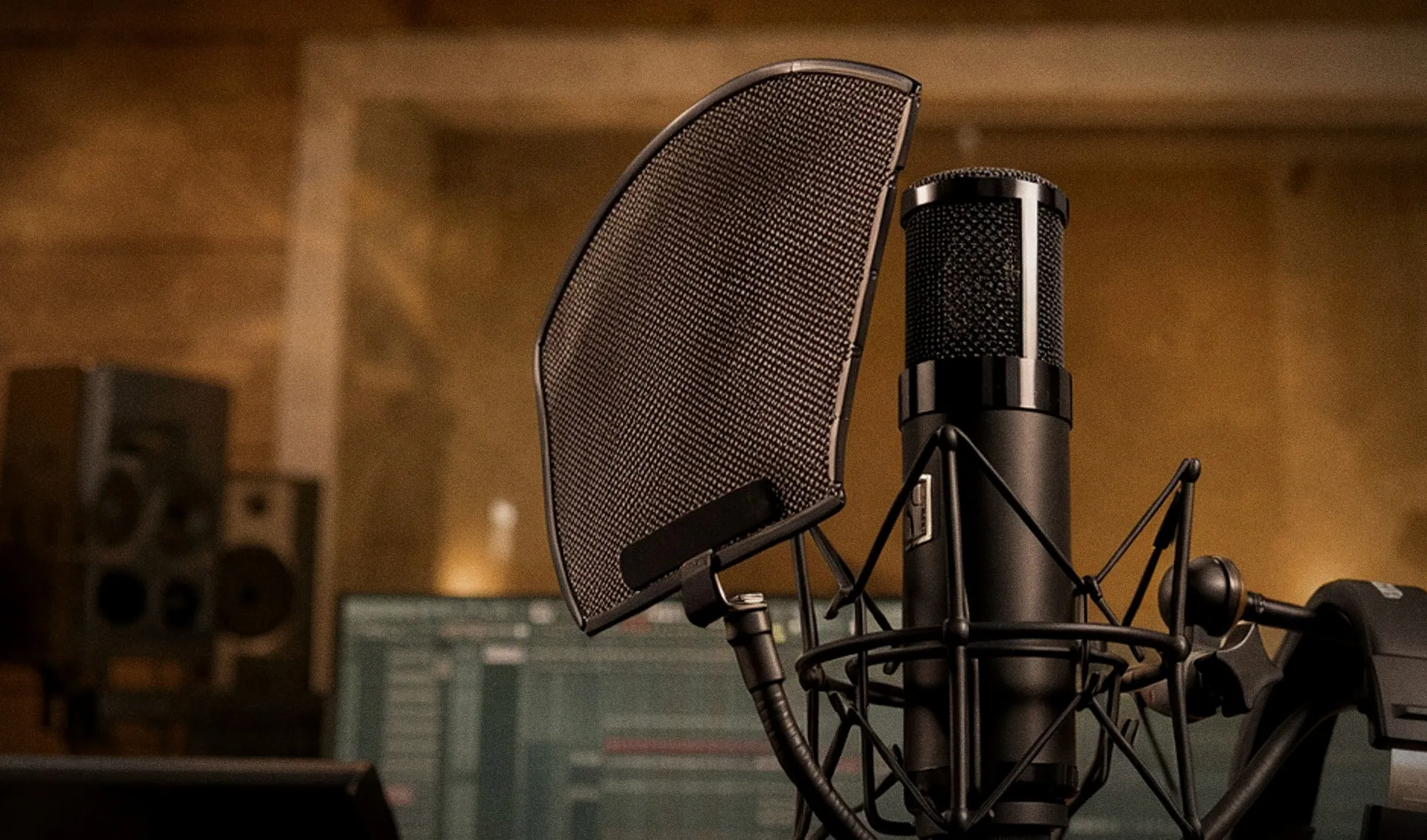 A condenser microphone with pop filter in the recording booth
