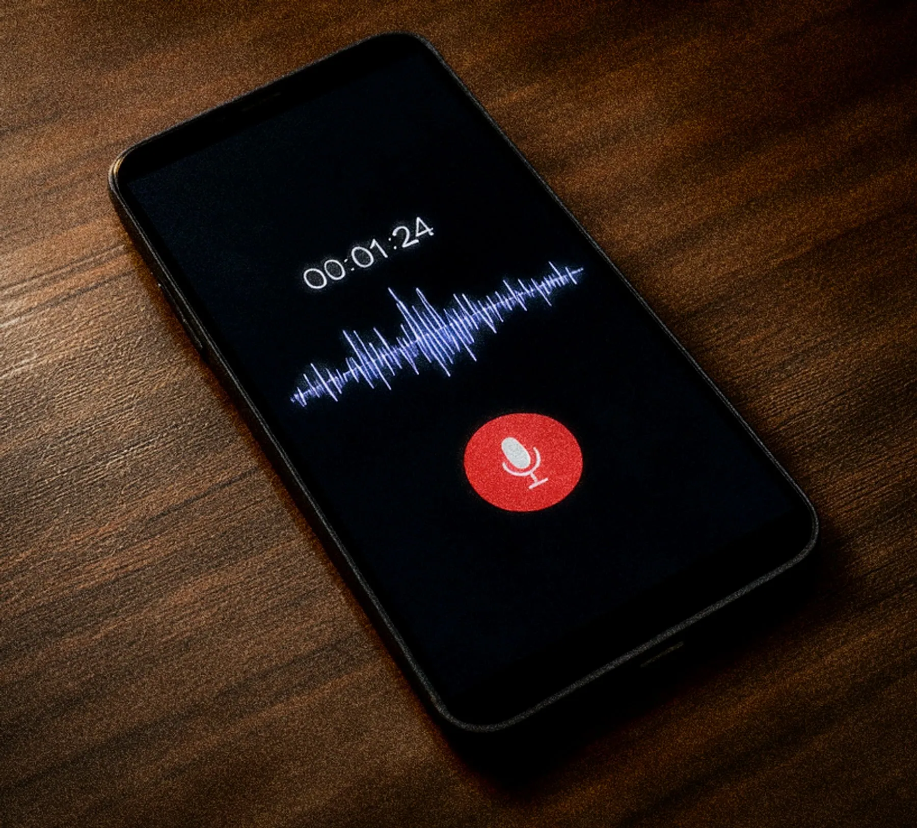 A phone recording a voice memo on a wooden table